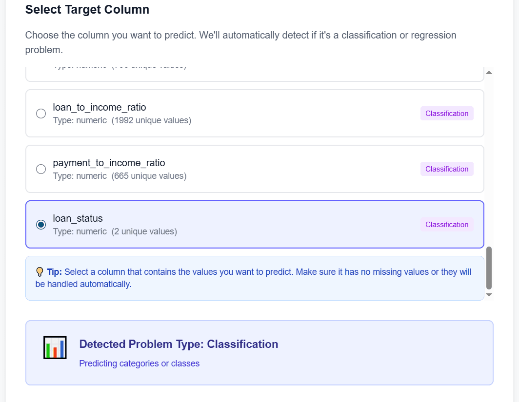 AWS AutoML Lite configuration page showing target column selection with automatic problem type detection