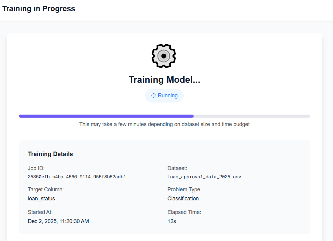 Training progress page showing AWS Batch job status and real-time updates