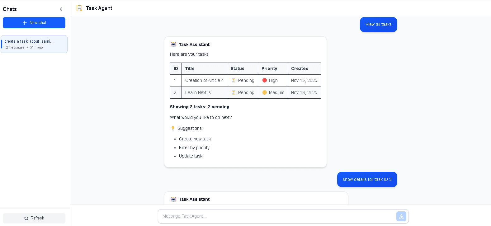 TaskAgent chat interface showing ChatGPT-inspired UI with AI-powered task management conversation