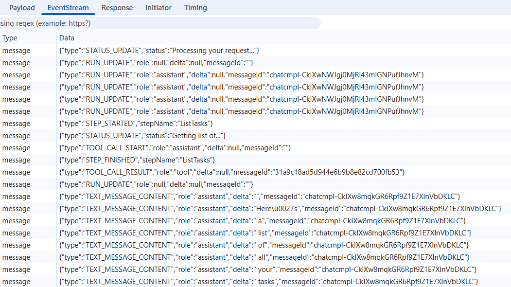 Browser DevTools showing SSE events: STEP_STARTED, STATUS_UPDATE, TEXT_MESSAGE_CONTENT streaming in real-time