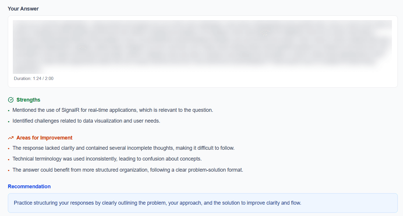 Feedback section with strengths, improvements, and actionable suggestions