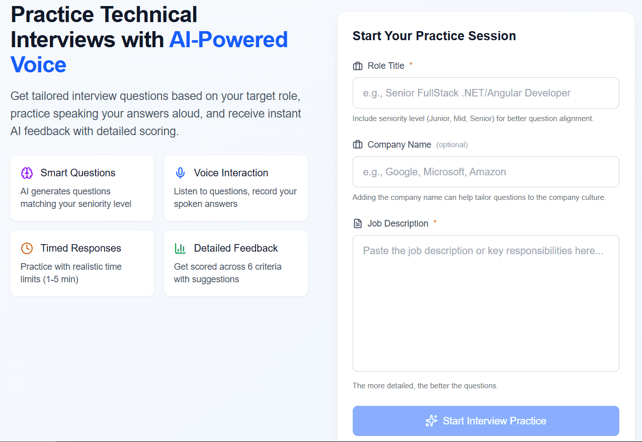 Session setup form with role title, company name, and job description inputs