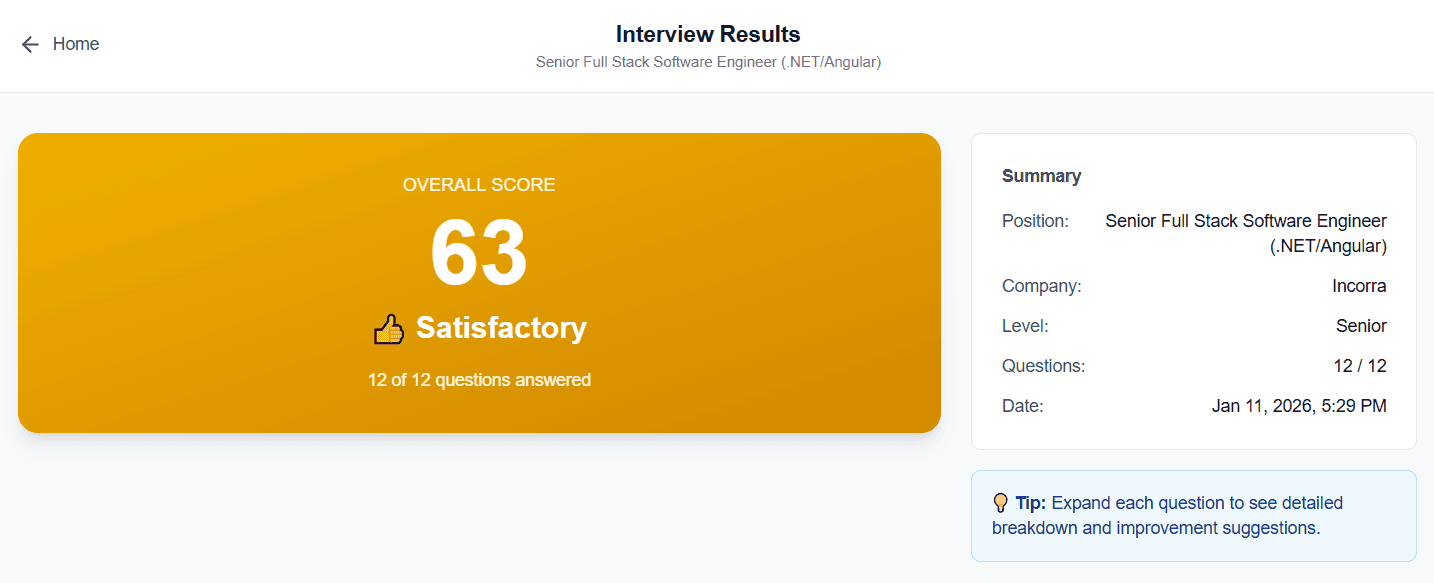 Interview results dashboard showing overall score, performance band, and question list