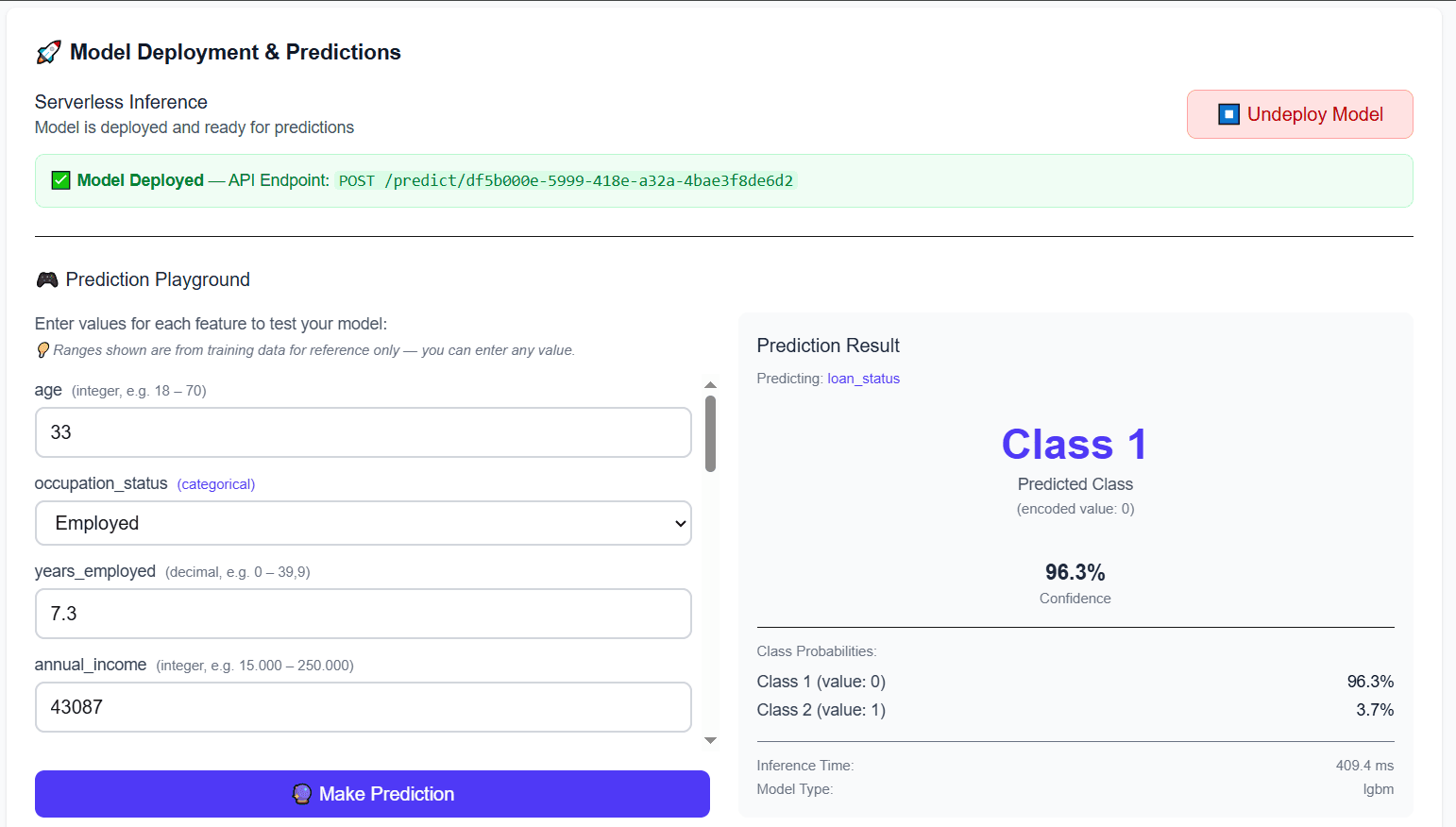 Prediction Playground with serverless Lambda inference showing real-time predictions